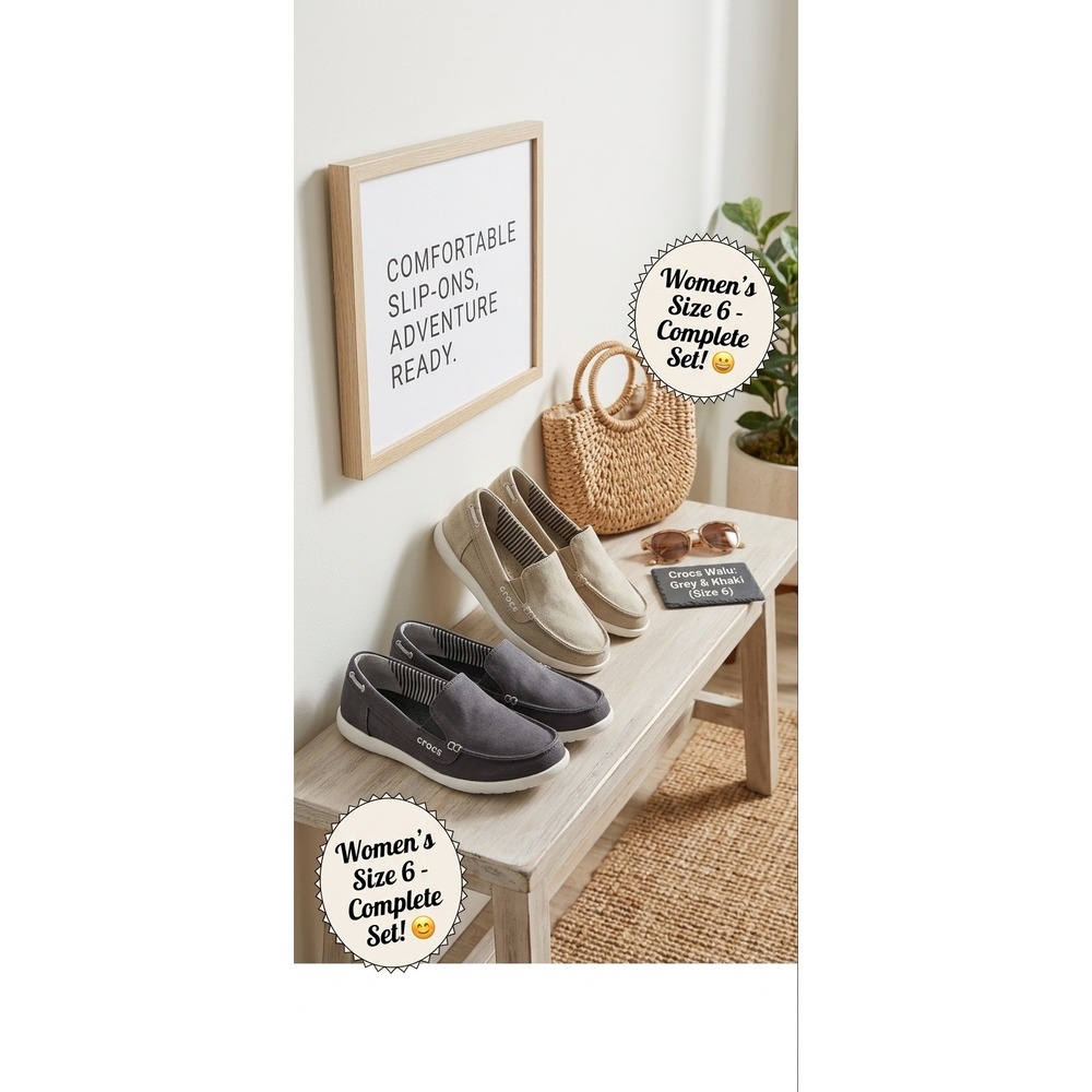 Crocs 🦋🤎Walu Canvas Loafers  6 Slip On Boat Shoes Grey Khaki Bundle‎ Comfort